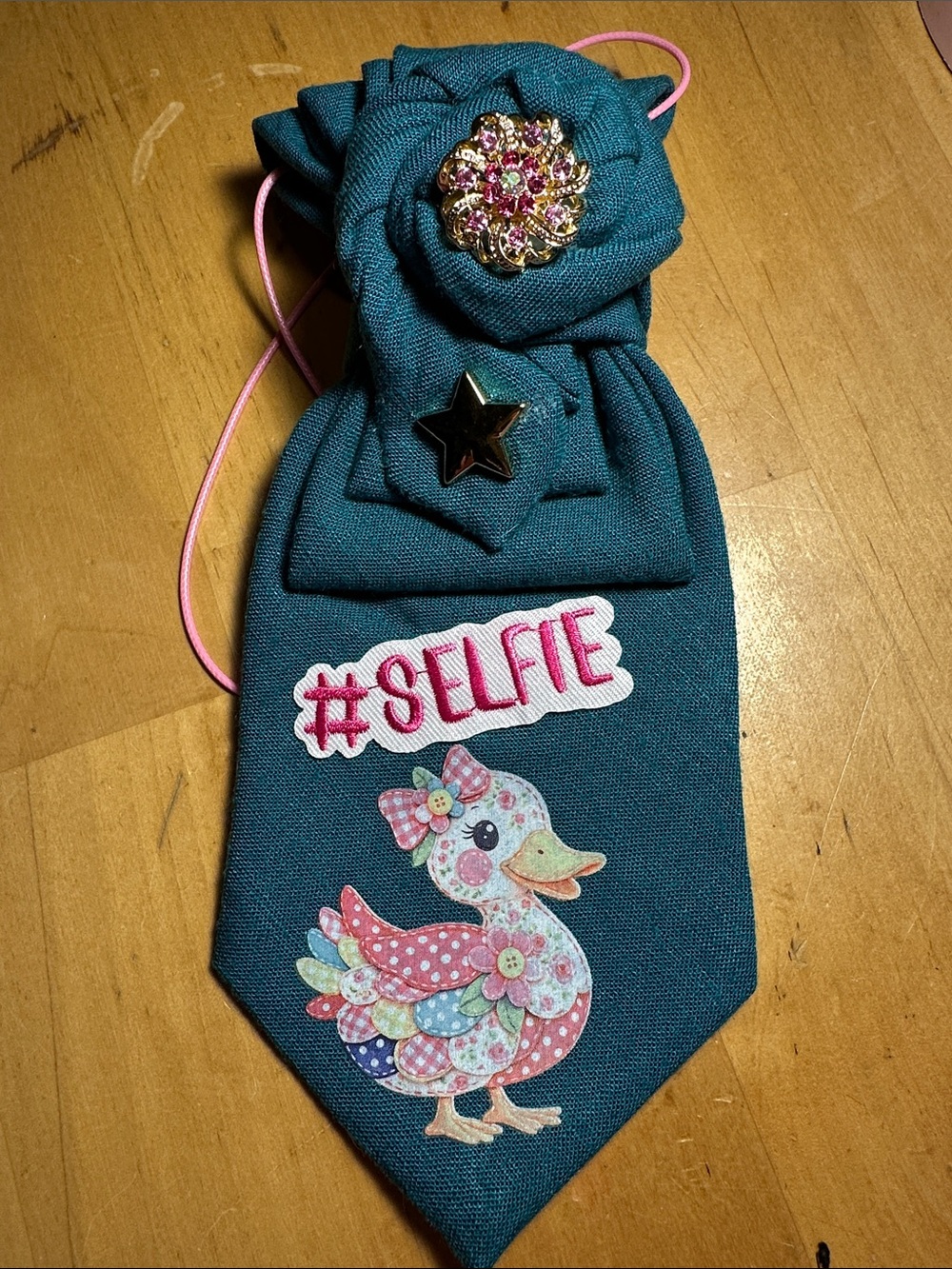 Teal Women's Decorative Necklace Tie with #SELFIE Duck Patch and Flower Brooch